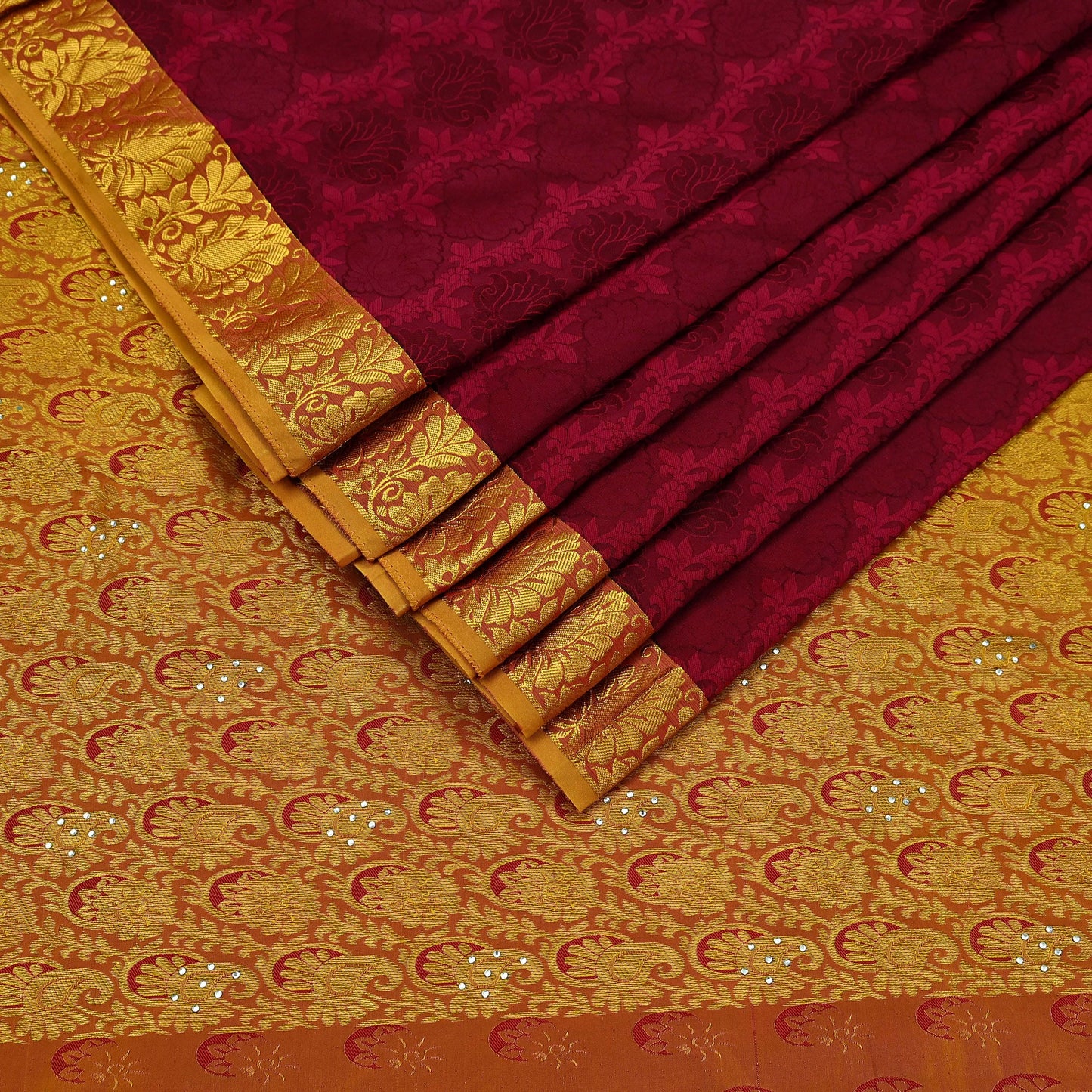 Indian Vintage Heavy Saree Maroon & Saffron Hand Woven Kanjivaram 100% Pure Silk Sari Craft Fabric 5Yd Ethnic Zari Floral