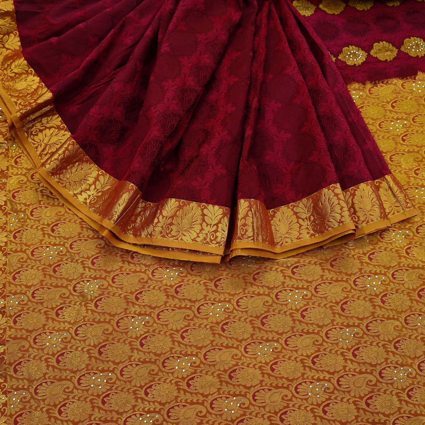 Indian Vintage Heavy Saree Maroon & Saffron Hand Woven Kanjivaram 100% Pure Silk Sari Craft Fabric 5Yd Ethnic Zari Floral