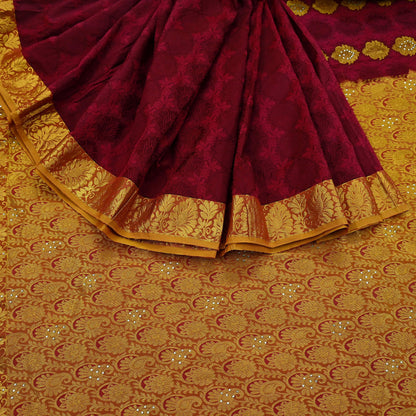 Indian Vintage Heavy Saree Maroon & Saffron Hand Woven Kanjivaram 100% Pure Silk Sari Craft Fabric 5Yd Ethnic Zari Floral