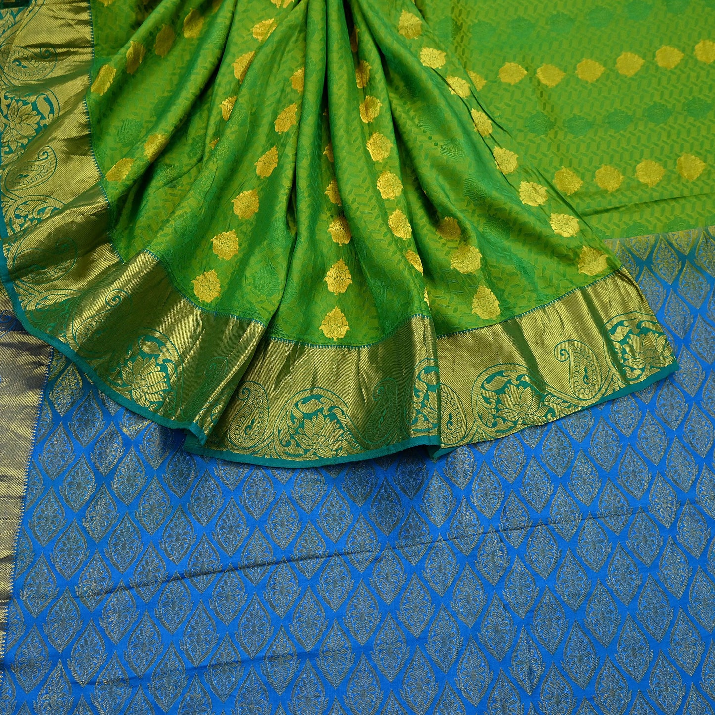 Indian Vintage Heavy Sari Green & Blue Kanjivaram Saree 100% Pure Silk Zari 5Yd Crafting Dress making For Crafting Quilting Upcycle
