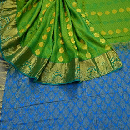Indian Vintage Heavy Sari Green & Blue Kanjivaram Saree 100% Pure Silk Zari 5Yd Crafting Dress making For Crafting Quilting Upcycle