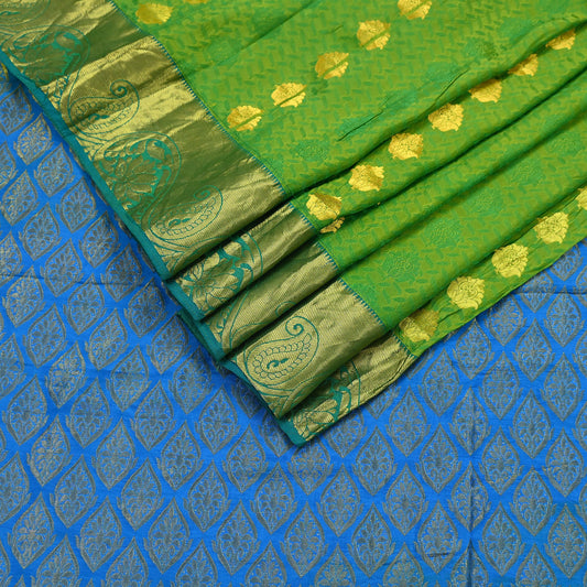 Indian Vintage Heavy Sari Green & Blue Kanjivaram Saree 100% Pure Silk Zari 5Yd Crafting Dress making For Crafting Quilting Upcycle