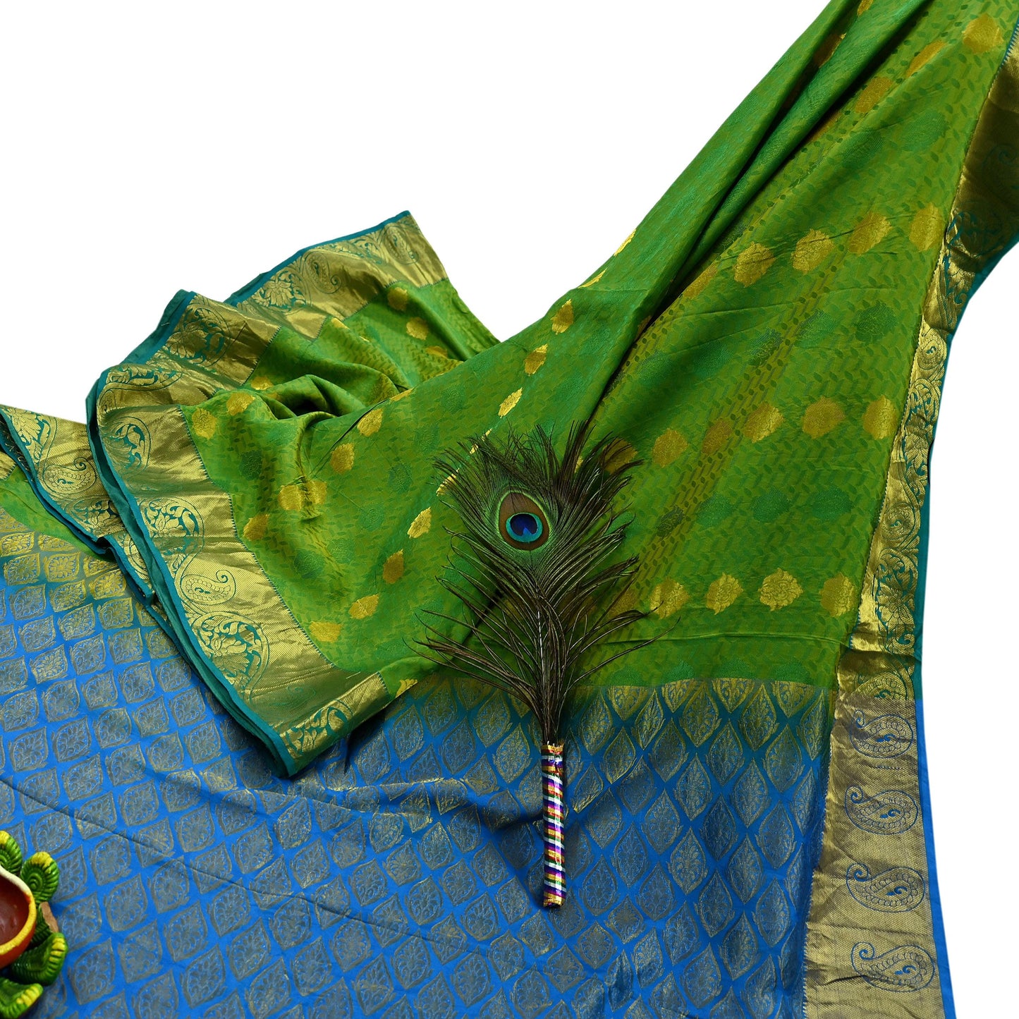 Indian Vintage Heavy Sari Green & Blue Kanjivaram Saree 100% Pure Silk Zari 5Yd Crafting Dress making For Crafting Quilting Upcycle