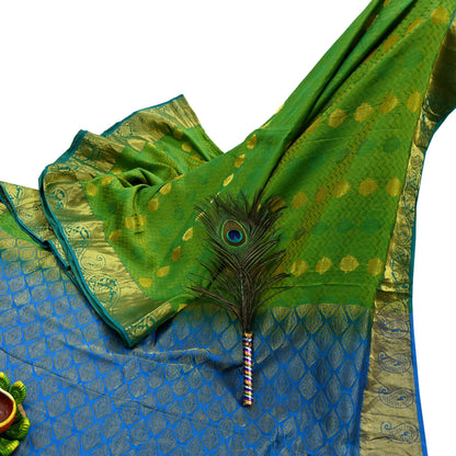 Indian Vintage Heavy Sari Green & Blue Kanjivaram Saree 100% Pure Silk Zari 5Yd Crafting Dress making For Crafting Quilting Upcycle