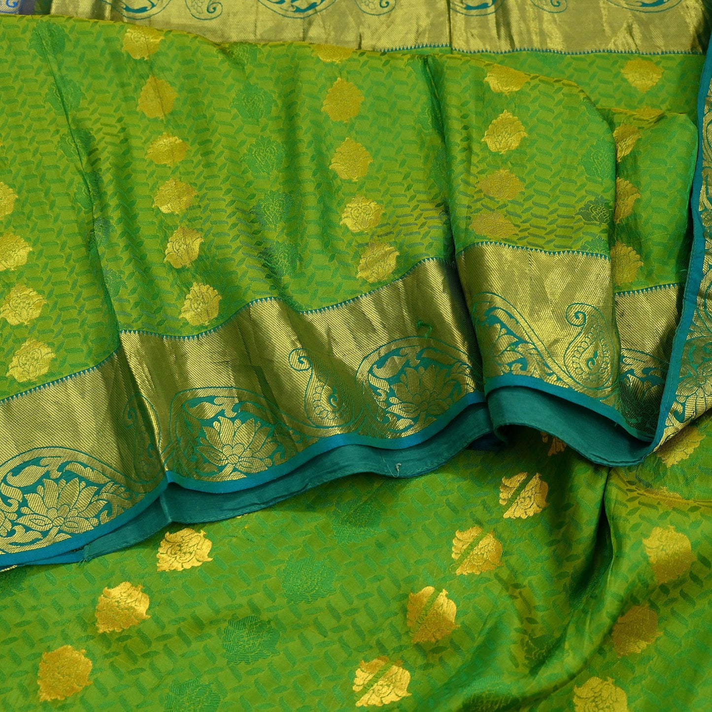 Indian Vintage Heavy Sari Green & Blue Kanjivaram Saree 100% Pure Silk Zari 5Yd Crafting Dress making For Crafting Quilting Upcycle