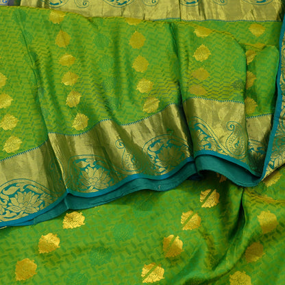 Indian Vintage Heavy Sari Green & Blue Kanjivaram Saree 100% Pure Silk Zari 5Yd Crafting Dress making For Crafting Quilting Upcycle