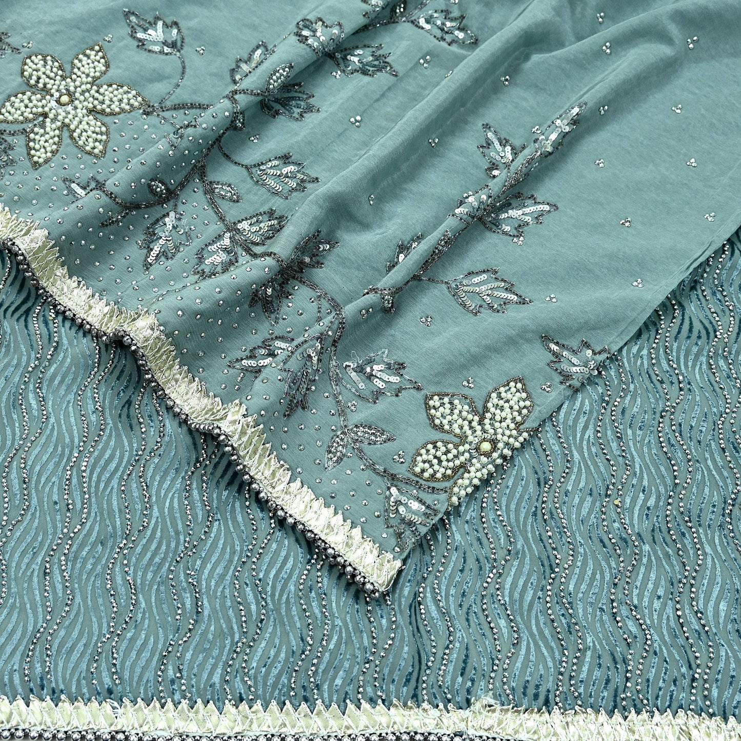 Indian Vintage Heavy Sarees Gray Pure Silk & Brasso Hand Embroidered Sari Fabric 5Yd Sewing Ethnic Sequins Wedding sarees