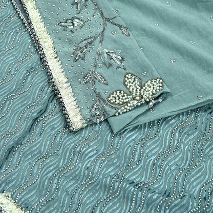 Indian Vintage Heavy Sarees Gray Pure Silk & Brasso Hand Embroidered Sari Fabric 5Yd Sewing Ethnic Sequins Wedding sarees