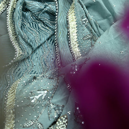 Indian Vintage Heavy Sarees Gray Pure Silk & Brasso Hand Embroidered Sari Fabric 5Yd Sewing Ethnic Sequins Wedding sarees