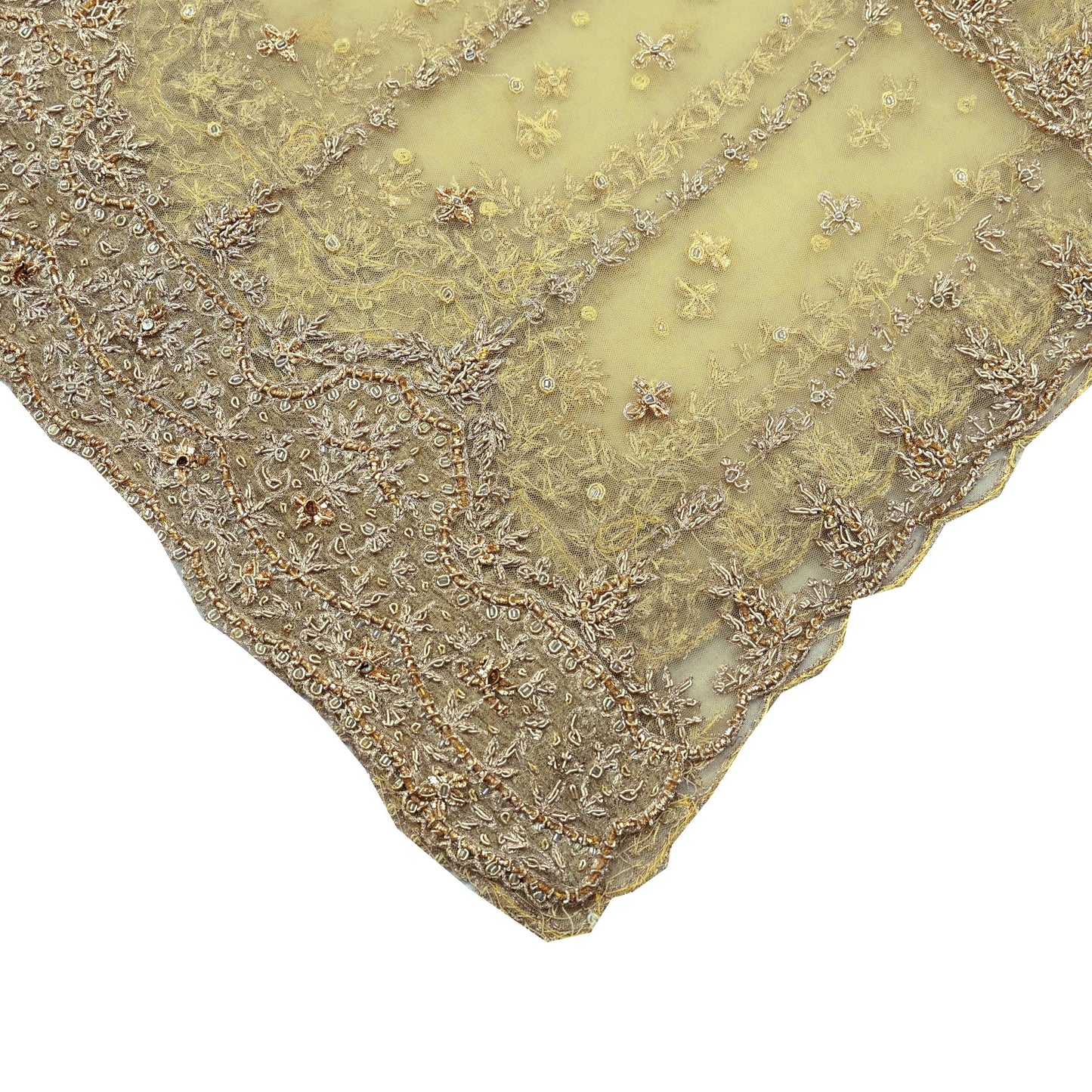 Indian Vintage Heavy Bridal Beige Dupatta Net Mesh Long Stole Hand Embroidered Scarves Zardozi Zari Glass Beaded Hijab Wedding veil