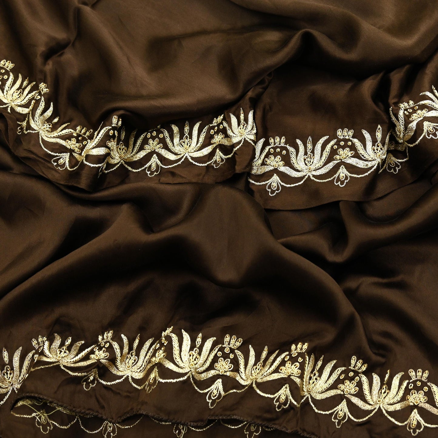 Indian Vintage Heavy Wedding Navy Brown Dupatta Pure Satin Silk Long Stole Hand Embroidered Scarves Golden Zardozi Stole Bridal Veil