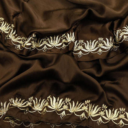 Indian Vintage Heavy Wedding Navy Brown Dupatta Pure Satin Silk Long Stole Hand Embroidered Scarves Golden Zardozi Stole Bridal Veil