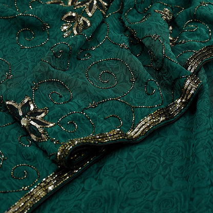 Indian Vintage Heavy Sari Green Pure Crepe Silk Hand Embroidered Sarees Craft Fabric 5Yd Sewing Zardozi Dress making With Blouse Pcs