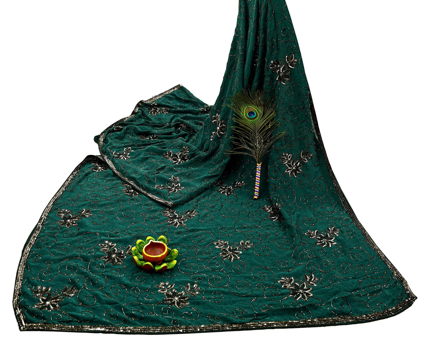 Indian Vintage Heavy Sari Green Pure Crepe Silk Hand Embroidered Sarees Craft Fabric 5Yd Sewing Zardozi Dress making With Blouse Pcs