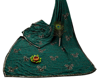 Indian Vintage Heavy Sari Green Pure Crepe Silk Hand Embroidered Sarees Craft Fabric 5Yd Sewing Zardozi Dress making With Blouse Pcs