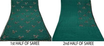 Indian Vintage Heavy Sari Green Pure Crepe Silk Hand Embroidered Sarees Craft Fabric 5Yd Sewing Zardozi Dress making With Blouse Pcs