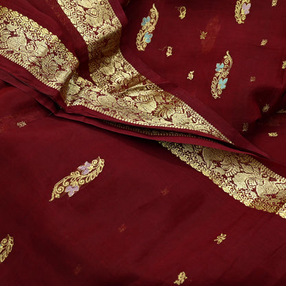 Indian Vintage Heavy Sari Maroon Kanjivaram Sarees 100% Pure Silk Zari 5Yd Floral Crafting Dress making For Crafting Quilting Upcycle