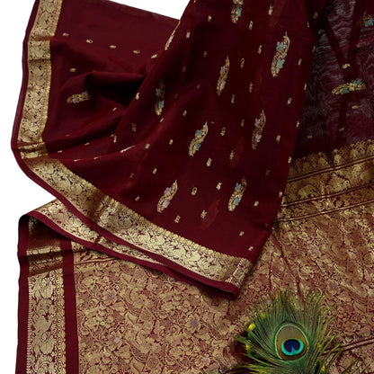 Indian Vintage Heavy Sari Maroon Kanjivaram Sarees 100% Pure Silk Zari 5Yd Floral Crafting Dress making For Crafting Quilting Upcycle