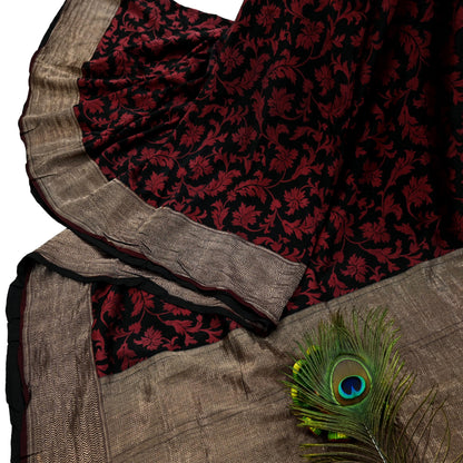 Indian Vintage Heavy Sari Black Hand Woven Sarees 100% Pure Silk Zari 5Yd Dress making Crafting Upcycle Quilting Floral