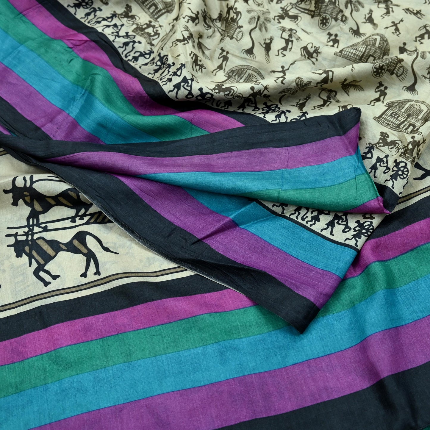 Indian Vintage Ivory Saree Pure Khadi Silk Handloom Warli Printed Sari Craft Fabric 5yd Ethnic Wear Sari Humans Dress making Crafting