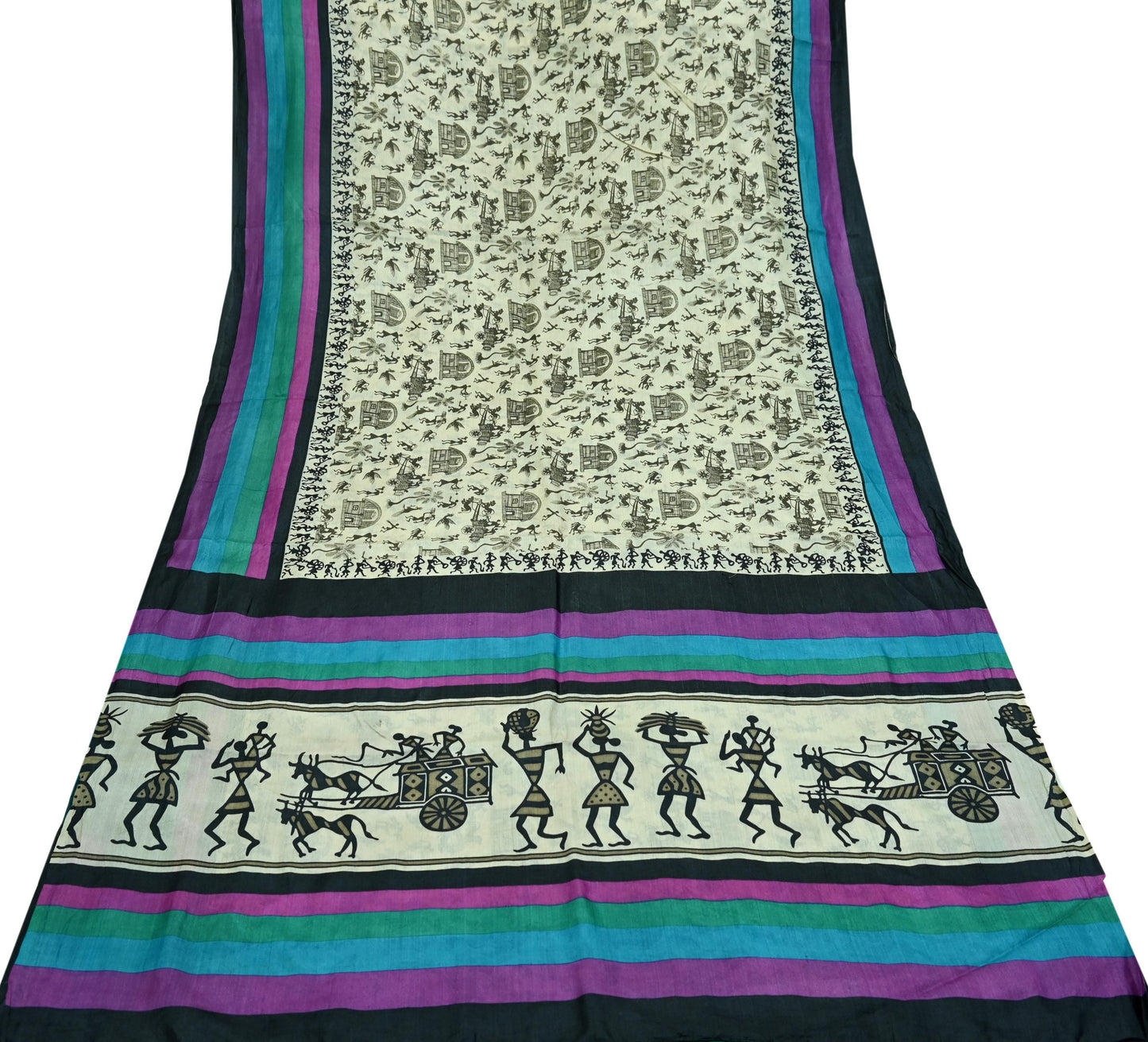 Indian Vintage Ivory Saree Pure Khadi Silk Handloom Warli Printed Sari Craft Fabric 5yd Ethnic Wear Sari Humans Dress making Crafting