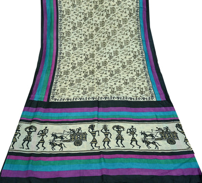 Indian Vintage Ivory Saree Pure Khadi Silk Handloom Warli Printed Sari Craft Fabric 5yd Ethnic Wear Sari Humans Dress making Crafting