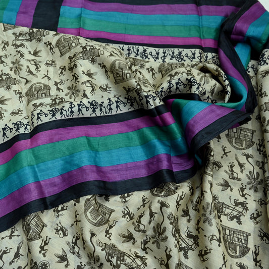 Indian Vintage Ivory Saree Pure Khadi Silk Handloom Warli Printed Sari Craft Fabric 5yd Ethnic Wear Sari Humans Dress making Crafting