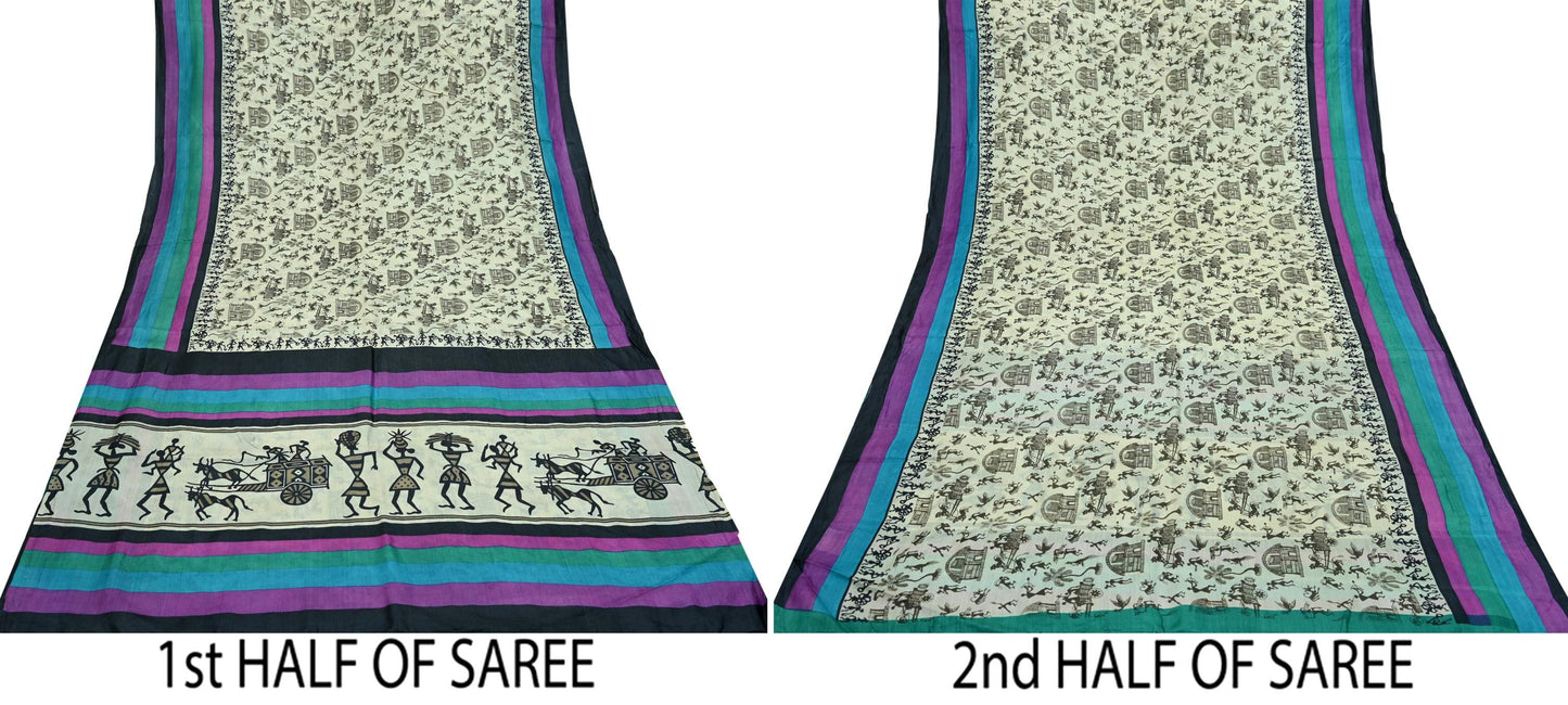 Indian Vintage Ivory Saree Pure Khadi Silk Handloom Warli Printed Sari Craft Fabric 5yd Ethnic Wear Sari Humans Dress making Crafting
