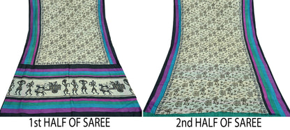 Indian Vintage Ivory Saree Pure Khadi Silk Handloom Warli Printed Sari Craft Fabric 5yd Ethnic Wear Sari Humans Dress making Crafting