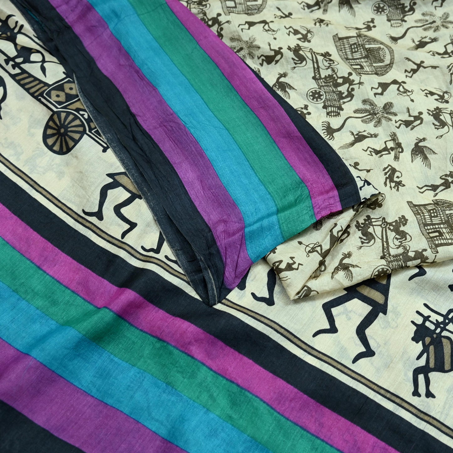 Indian Vintage Ivory Saree Pure Khadi Silk Handloom Warli Printed Sari Craft Fabric 5yd Ethnic Wear Sari Humans Dress making Crafting