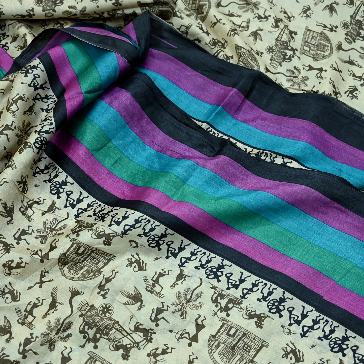 Indian Vintage Ivory Saree Pure Khadi Silk Handloom Warli Printed Sari Craft Fabric 5yd Ethnic Wear Sari Humans Dress making Crafting