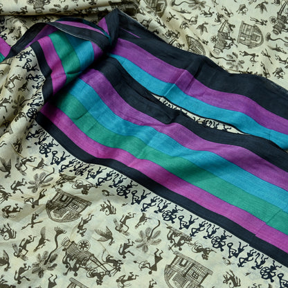 Indian Vintage Ivory Saree Pure Khadi Silk Handloom Warli Printed Sari Craft Fabric 5yd Ethnic Wear Sari Humans Dress making Crafting