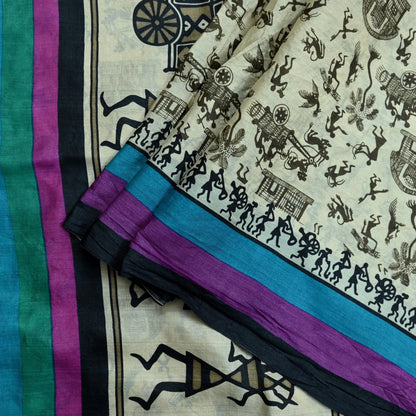 Indian Vintage Ivory Saree Pure Khadi Silk Handloom Warli Printed Sari Craft Fabric 5yd Ethnic Wear Sari Humans Dress making Crafting