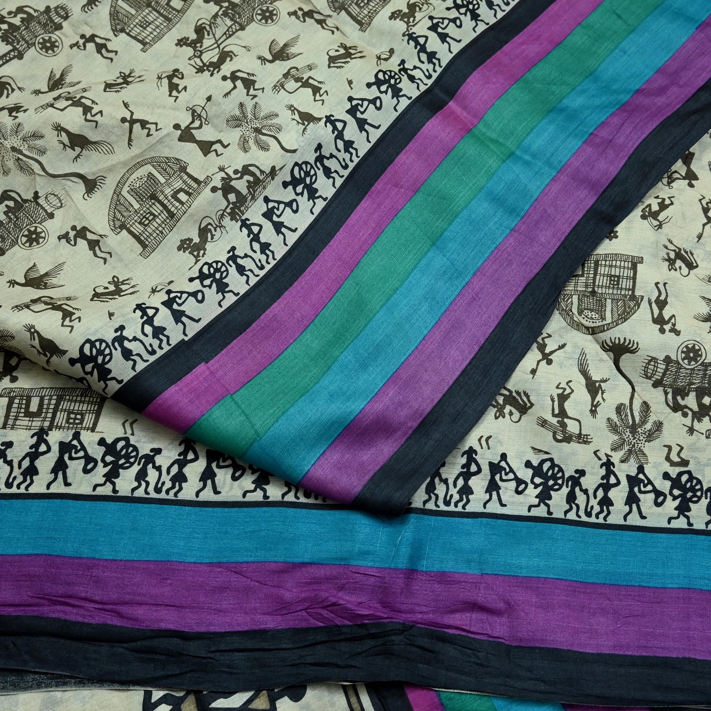 Indian Vintage Ivory Saree Pure Khadi Silk Handloom Warli Printed Sari Craft Fabric 5yd Ethnic Wear Sari Humans Dress making Crafting