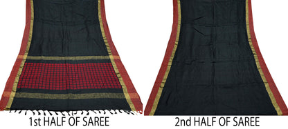 Indian Vintage Heavy Sari Black Pure Khadi Silk Handloom Saree Craft Fabric 5yd Ethnic Wear Dress making For Crafting Quilting