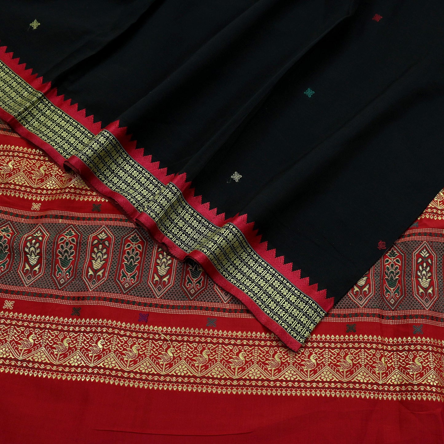 Indian Vintage Sari Black & Red Artificial Silk Hand Woven Saree Fabric 5yd Sewing Craft Dress Making Soft Floral Ethnic