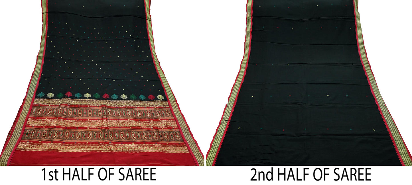 Indian Vintage Sari Black & Red Artificial Silk Hand Woven Saree Fabric 5yd Sewing Craft Dress Making Soft Floral Ethnic