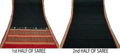 Indian Vintage Sari Black & Red Artificial Silk Hand Woven Saree Fabric 5yd Sewing Craft Dress Making Soft Floral Ethnic