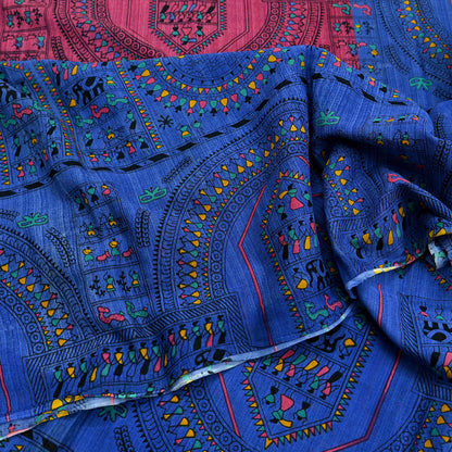 Indian Vintage Blue & Pink Saree Warli Print Pure Cotton Sari Craft Fabric 5Yd Soft Sewing Sarong Wrap Boho Dress making Crafting Quilting