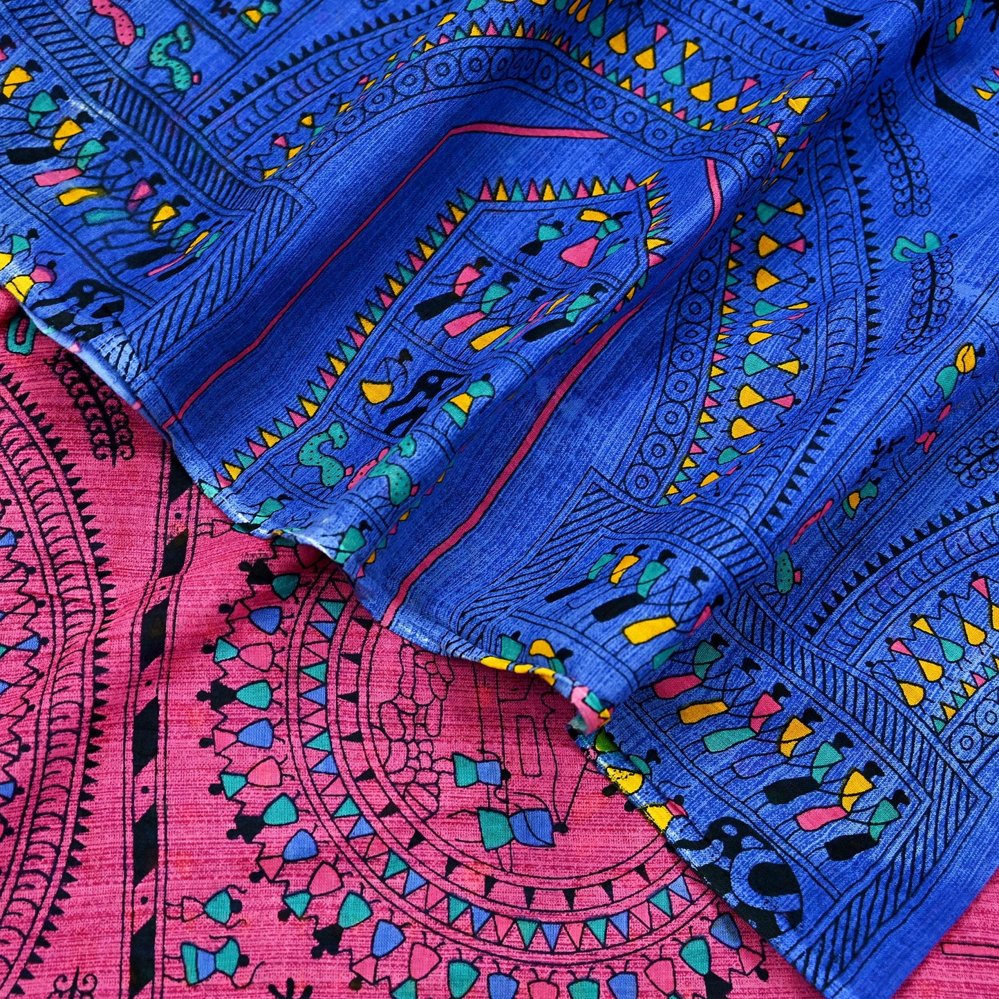 Indian Vintage Blue & Pink Saree Warli Print Pure Cotton Sari Craft Fabric 5Yd Soft Sewing Sarong Wrap Boho Dress making Crafting Quilting
