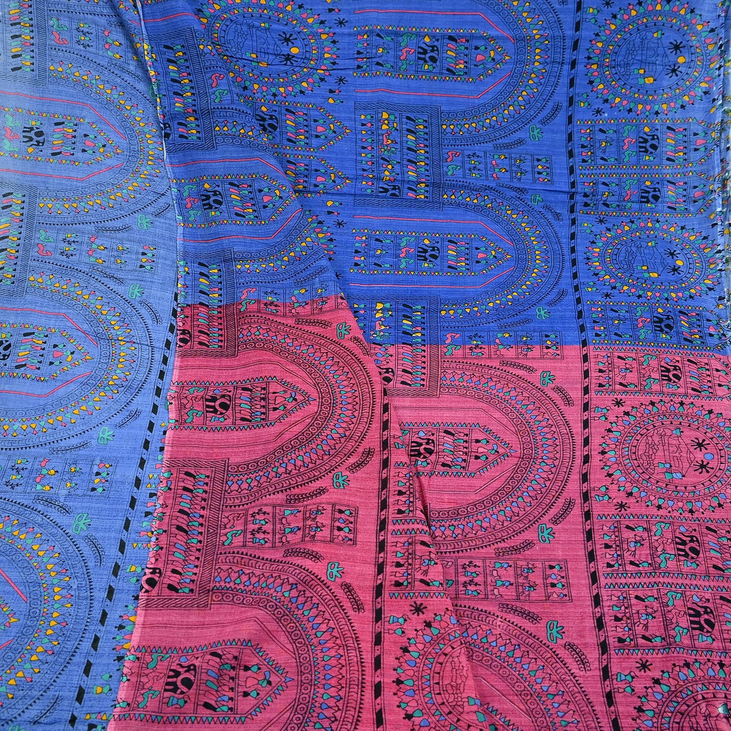 Indian Vintage Blue & Pink Saree Warli Print Pure Cotton Sari Craft Fabric 5Yd Soft Sewing Sarong Wrap Boho Dress making Crafting Quilting