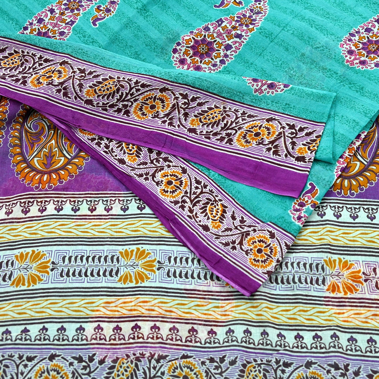 Indian Vintage Sari Purple & Green Pure Cotton Printed Saree 5Yd Craft Fabric Sewing Sarong Wrap Boho Floral Quilting crafting dressmaking