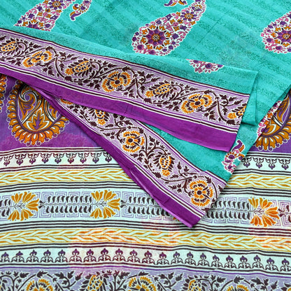 Indian Vintage Sari Purple & Green Pure Cotton Printed Saree 5Yd Craft Fabric Sewing Sarong Wrap Boho Floral Quilting crafting dressmaking