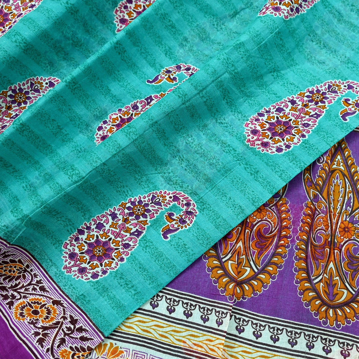 Indian Vintage Sari Purple & Green Pure Cotton Printed Saree 5Yd Craft Fabric Sewing Sarong Wrap Boho Floral Quilting crafting dressmaking