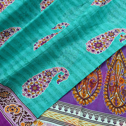 Indian Vintage Sari Purple & Green Pure Cotton Printed Saree 5Yd Craft Fabric Sewing Sarong Wrap Boho Floral Quilting crafting dressmaking