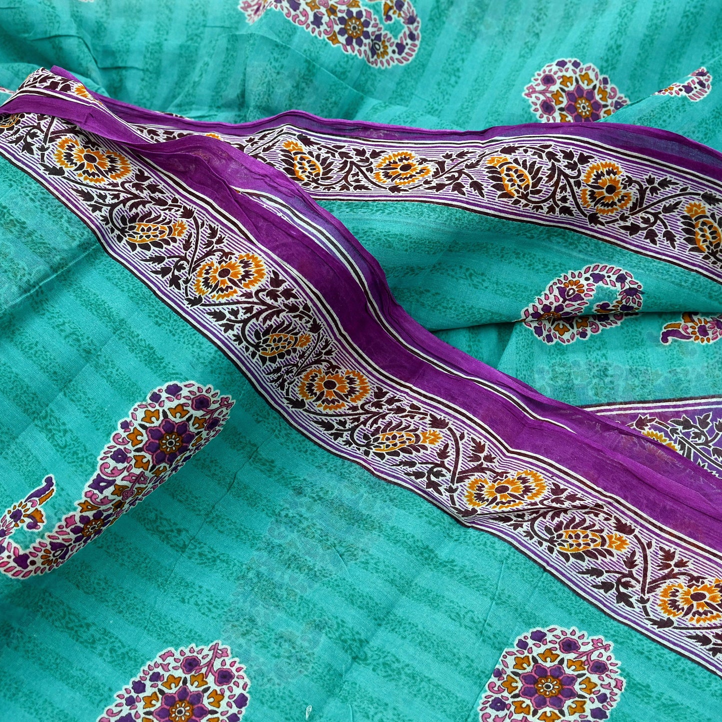 Indian Vintage Sari Purple & Green Pure Cotton Printed Saree 5Yd Craft Fabric Sewing Sarong Wrap Boho Floral Quilting crafting dressmaking