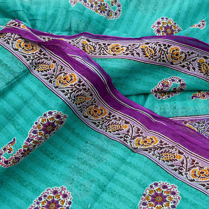 Indian Vintage Sari Purple & Green Pure Cotton Printed Saree 5Yd Craft Fabric Sewing Sarong Wrap Boho Floral Quilting crafting dressmaking