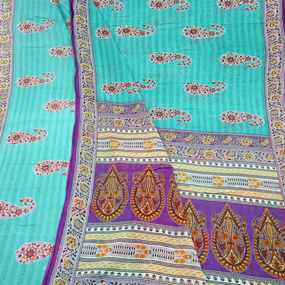 Indian Vintage Sari Purple & Green Pure Cotton Printed Saree 5Yd Craft Fabric Sewing Sarong Wrap Boho Floral Quilting crafting dressmaking