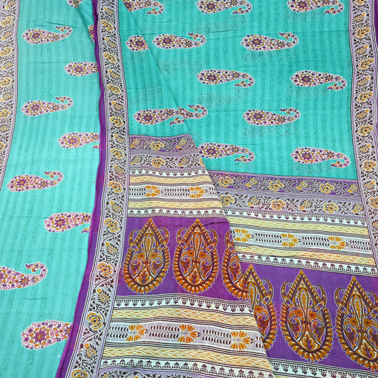 Indian Vintage Sari Purple & Green Pure Cotton Printed Saree 5Yd Craft Fabric Sewing Sarong Wrap Boho Floral Quilting crafting dressmaking