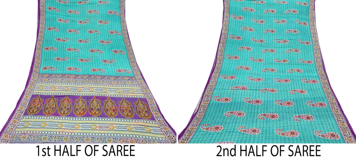 Indian Vintage Sari Purple & Green Pure Cotton Printed Saree 5Yd Craft Fabric Sewing Sarong Wrap Boho Floral Quilting crafting dressmaking